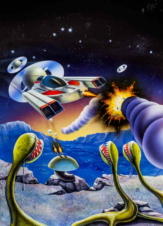 Spaceships swoop down on a planet surface attacking ground firing turrets and carnivorous plants 