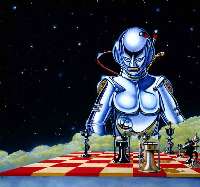 The Chessplayer was David Rowe's first computer game cover and was painted in 1982. It was developed for the Sinclair Spectrum