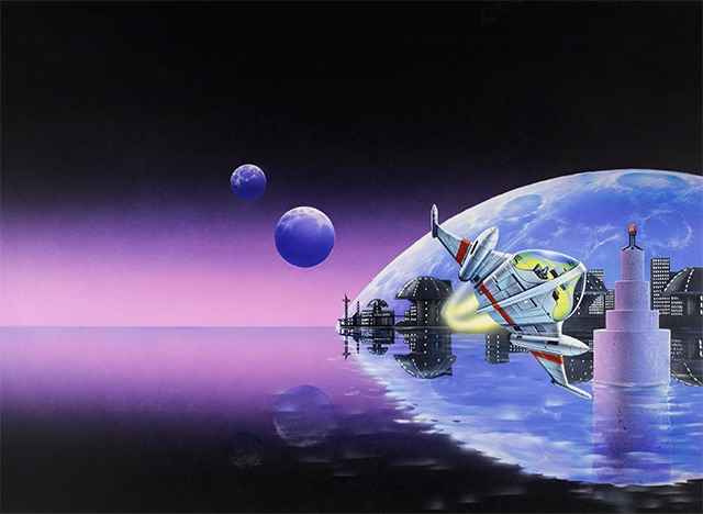 A spaceship soars through a water dwelling city on an alien world with 3 moosns reflected in the water.