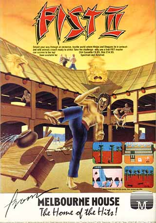 The full page ad for Fist II features a game description, logos, illustration and screenshots from the game