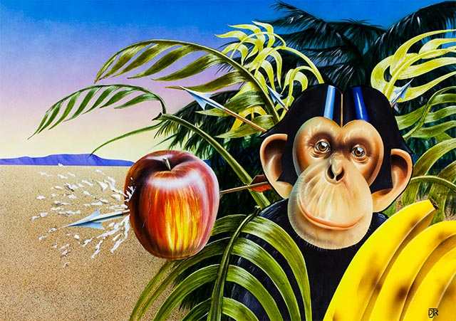A chimpanzee gazes knowingly at the viewer with elements from the game surrounding him.