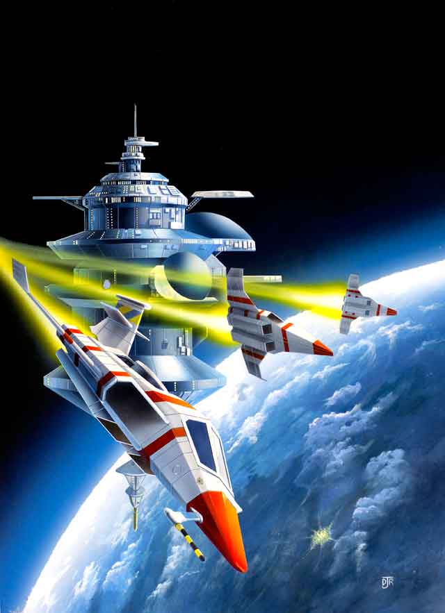 The illustration features three shuttle style spasecraft banking around a high orbiting space station above a planet.