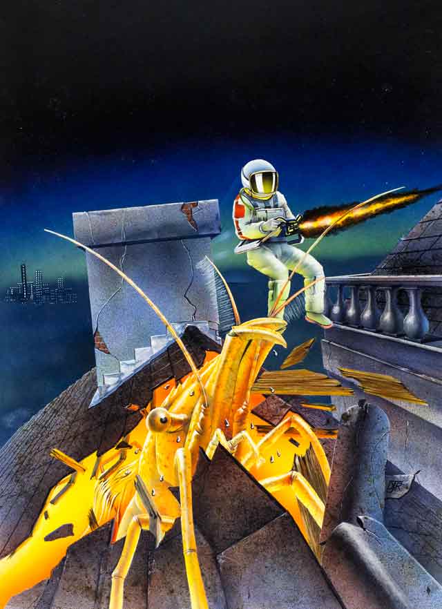 The artwork features a giant, glowing prawn bursting out of the roof of a house to attack the flying astronaut.