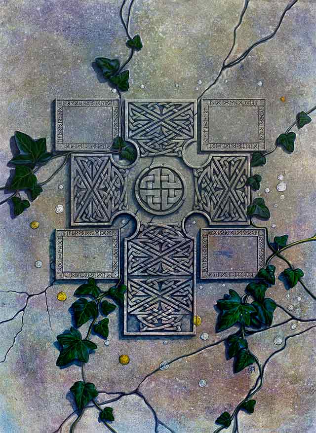 The illustration for Ragnorok had to feature recesses for screenshots. The main component is a cross with Celtic Knotwork