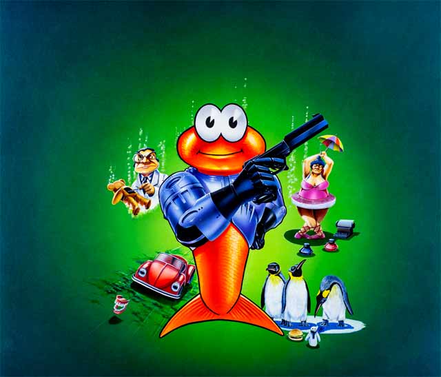 The cover illustration  for James Pond 2 had to include space for a box wrap around and characters from the game