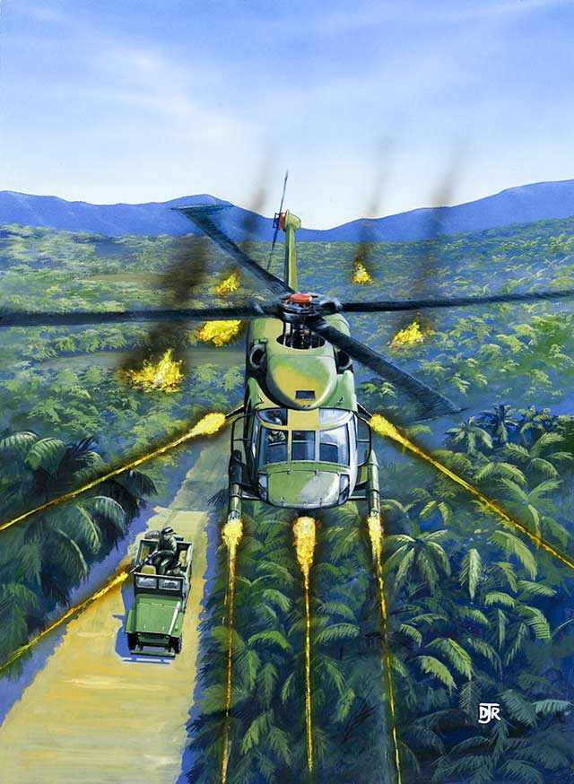 A helicopter gunship floes low over a jungle strafing with all guns starting fires, A jeep below tears along the track firing a 50mm gun.