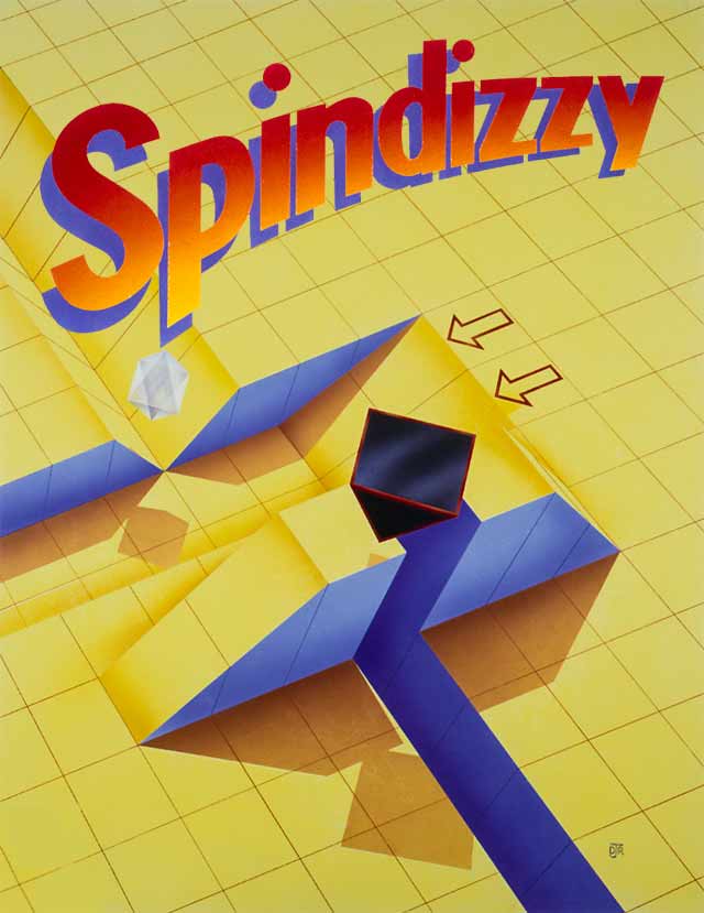 The Spindizzy artwork features a fairly abstract perspective yellow gid platform with ledges and gulleys.