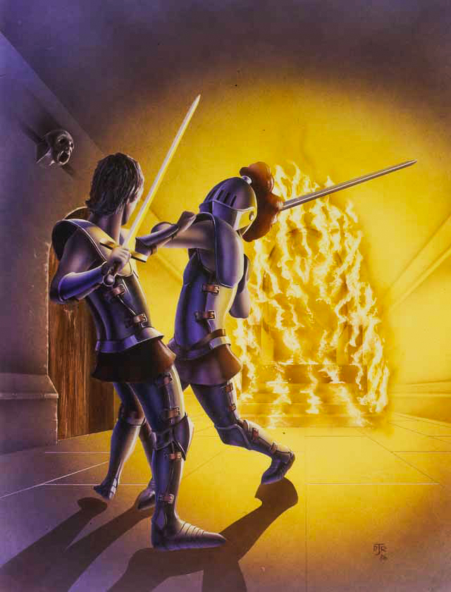 Sword fighting knights in part armour fighting it out in front of a blazing throne.