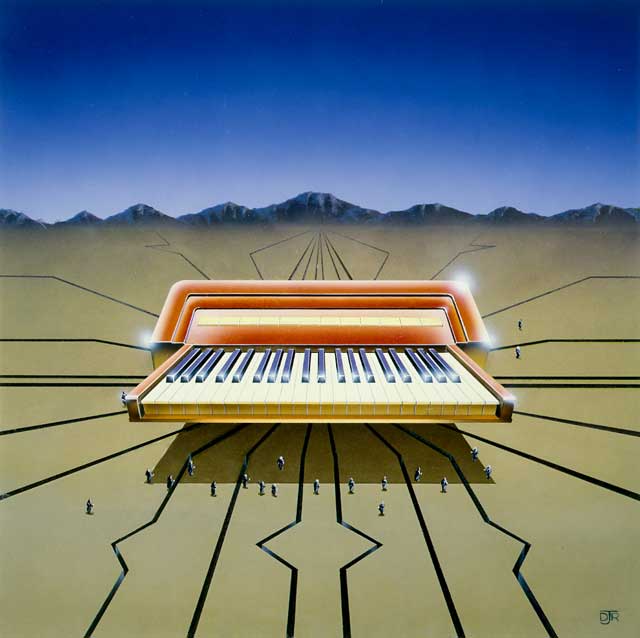 The cover illustration for Ultisynth featured a gigantic keyboard sitting in a surreal desert with huge channels running into it. 