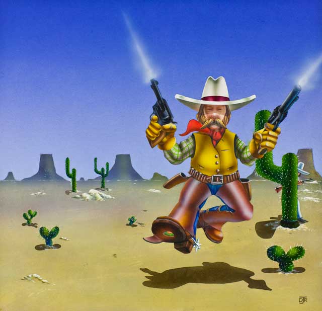 The hero is a rootin'tootin' gunslinger chasing bandits amongst the cacti in the desert. He is wearing spurs and has a hole in his shoe.