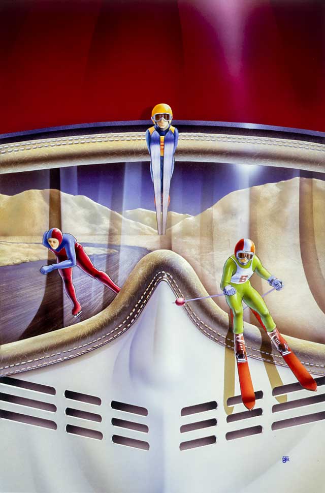 The Winter Sports artwork features a close up view of a skier's helmet, goggles and mask with sportspeople leaping out of the goggle reflections