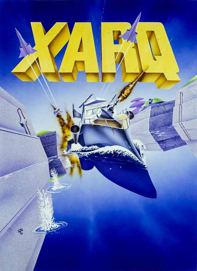 The artwork for Xarq unusually incorporated the logo as the gunship, bursting out of the page is firing guns and being chased by planes. 