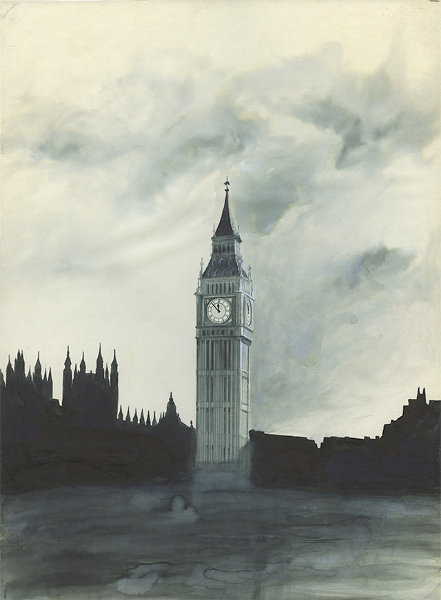 A loose ink and wash sketch of the Palace of Westminster in silhouette with Big Ben in more detail.