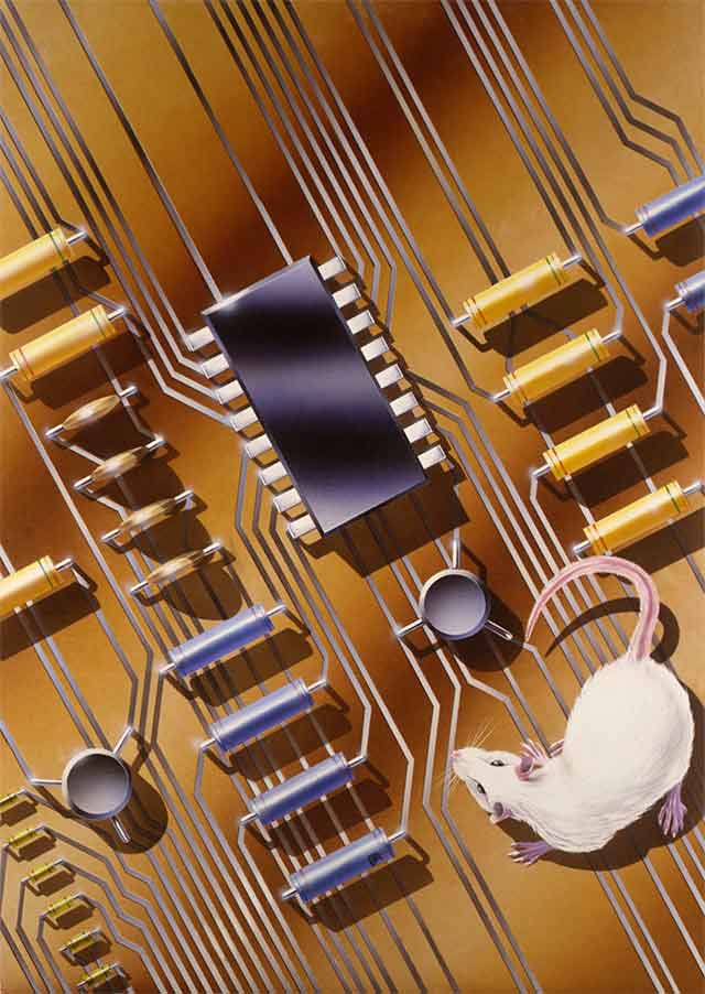 A white mouse crawls amongst the electronic components on a printed circuit board. The mouse looks more like a rat.