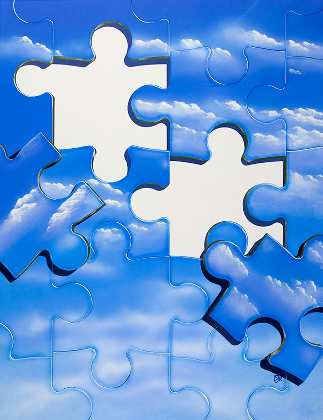 The sunny, blue sky is comprised of jigsaw puzzle pieces being arranged to fit. The empty slots are left for type to be overlaid.